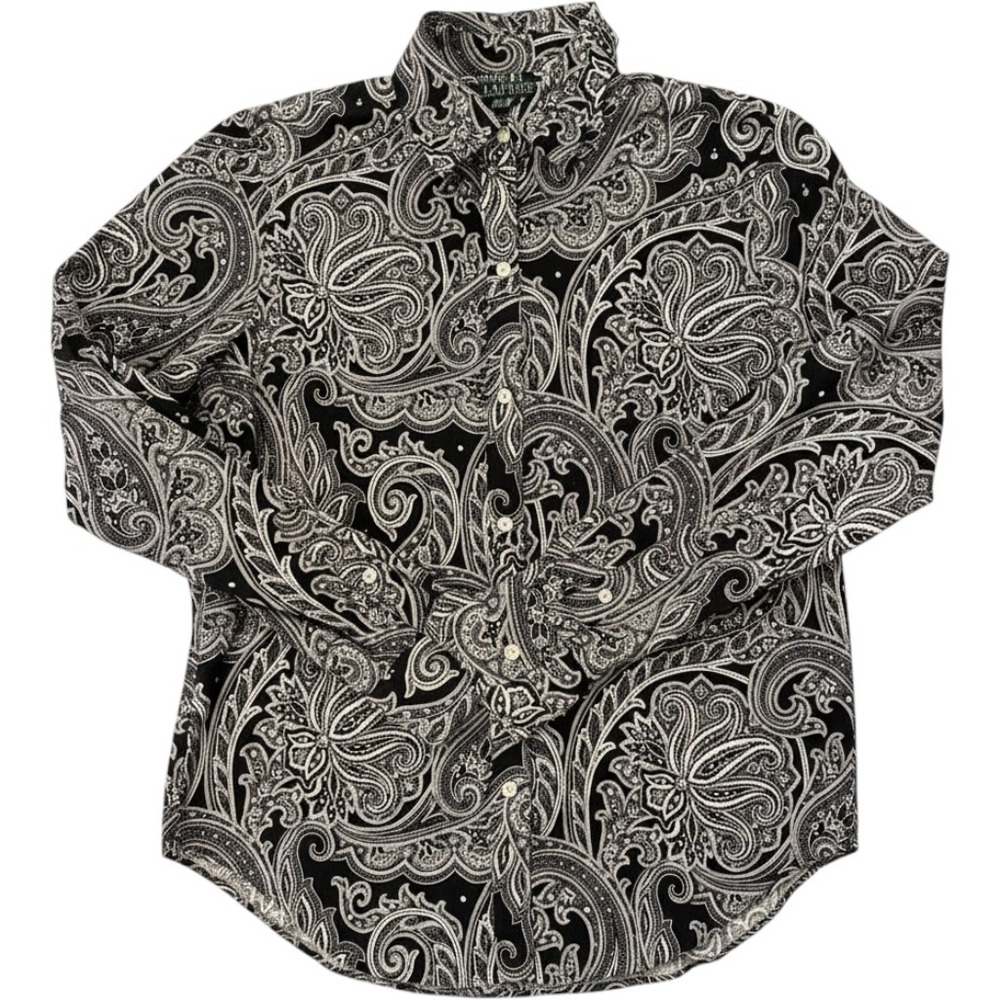 Lauren Ralph Lauren Button Down Women XS Black White Paisley Non-Iron Shirt